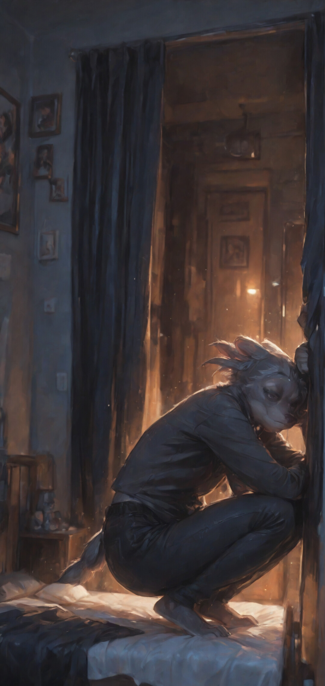 Изображение антропоморфной лисицы женского пола в полный рост: у неё рыже-белые волосы, она одета в красную рубашку и чёрные брюки и стоит, прислонившись к дверному проёму в тускло освещённой квартире.