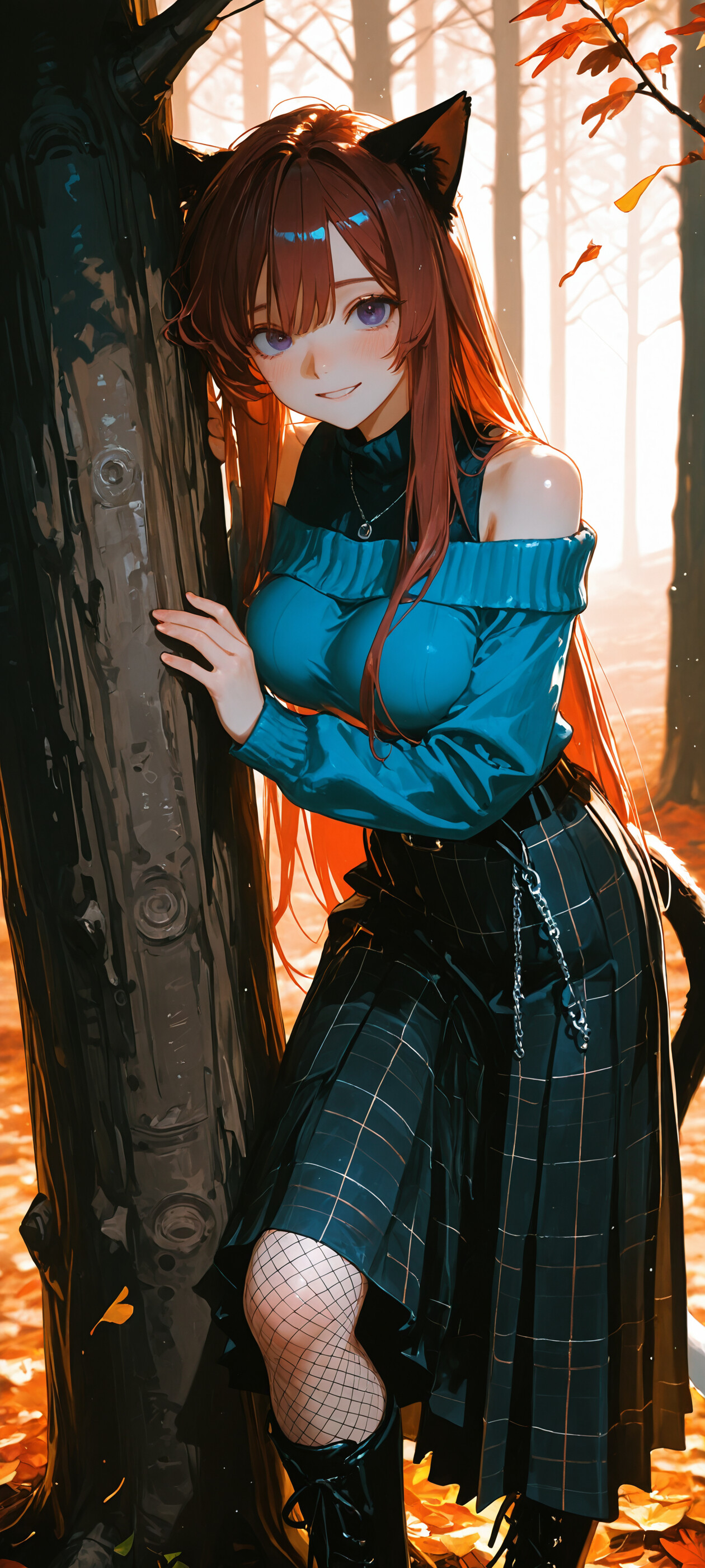 Изображение в полный рост аниме-девушки, похожей на кошку, с длинными каштановыми волосами и фиолетовыми глазами. На ней синий свитер, открывающий одно плечо, и клетчатая юбка. Она стоит в осеннем лесу перед большим деревом.