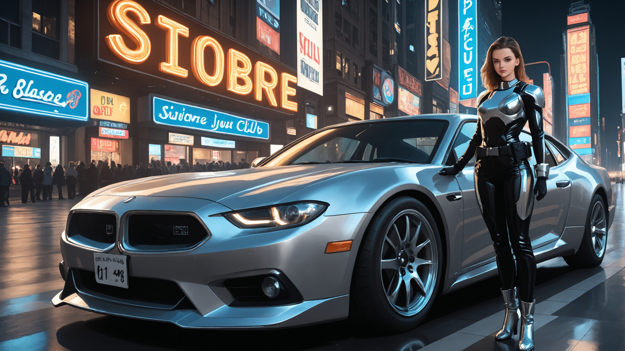 Полноформатная иллюстрация: женщина в футуристическом чёрно-хромированном боевом костюме идёт по мокрой ночной городской улице, по обе стороны от неё стоят два серебристых ретро-автомобиля, а вокруг – светящиеся неоновые вывески.