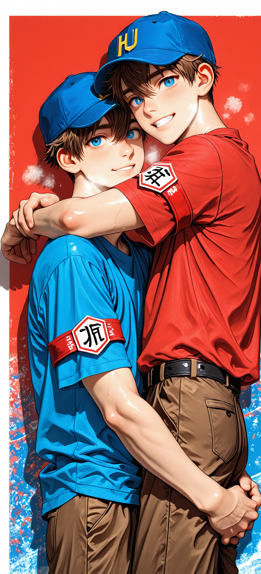 Молодой парень в стиле аниме, с каштановыми волосами и яркими голубыми глазами, одетый в синюю рубашку и бейсболку с буквой «H», уверенно улыбается, сидя на фоне красной стены, скрестив руки и ноги.