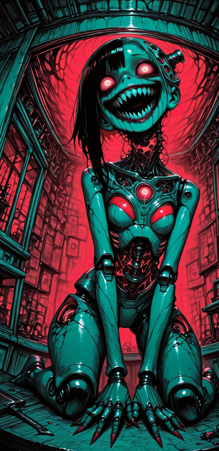 Бледный женский робот с широкой, оскаленной улыбкой и безумным взглядом стоит на коленях на полу тёмной комнаты в научно-фантастическом стиле. За ней, сквозь окна, подсвеченные красным светом, видны смутные фигуры с светящимися глазами.
