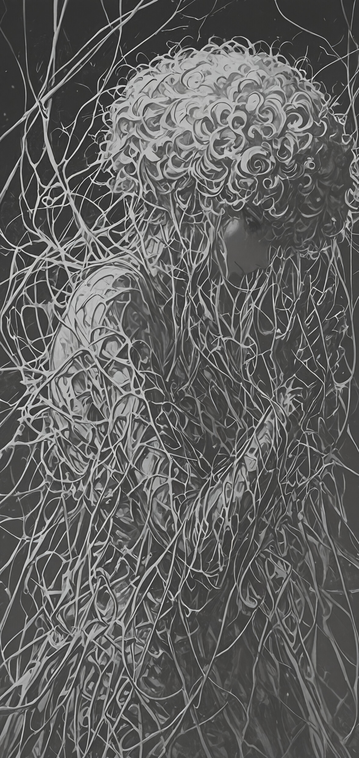 Чёрно-белая, очень детализированная иллюстрация, изображающая женщину в профиль. У неё большие, выразительные глаза и короткие, густо завитые белые волосы. Сложный, похожий на паутину узор из белых линий покрывает её шею и плечи на фоне тёмного, абстрактного фона.