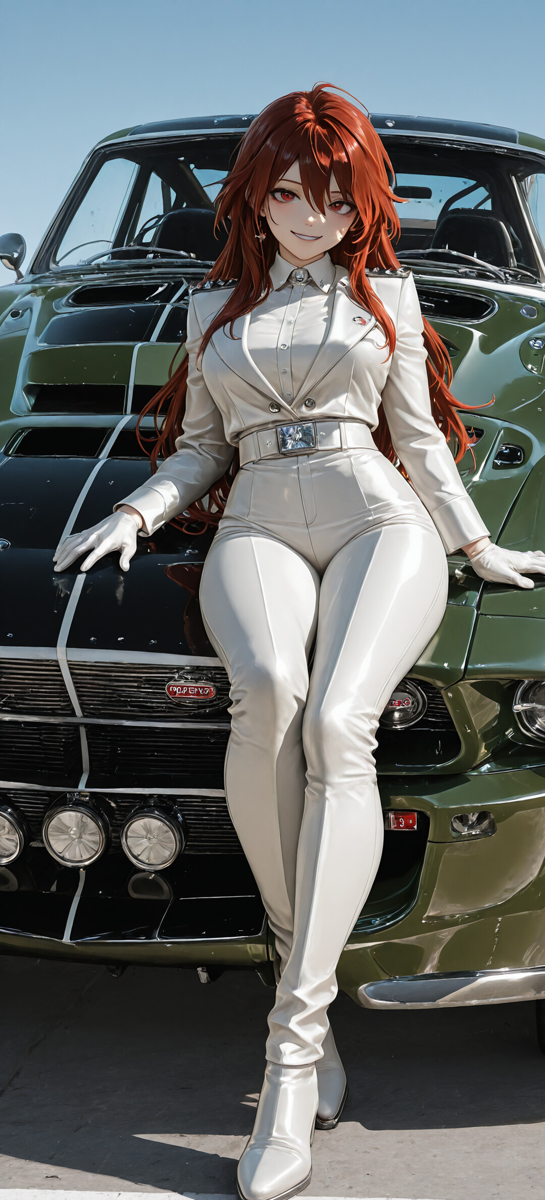 Вид спереди сильно переделанного старинного Ford Mustang глубокого зелёного цвета, с установленной на заказ решёткой радиатора и пятью круглыми фарами на переднем бампере, припаркованного на улице в солнечный день.