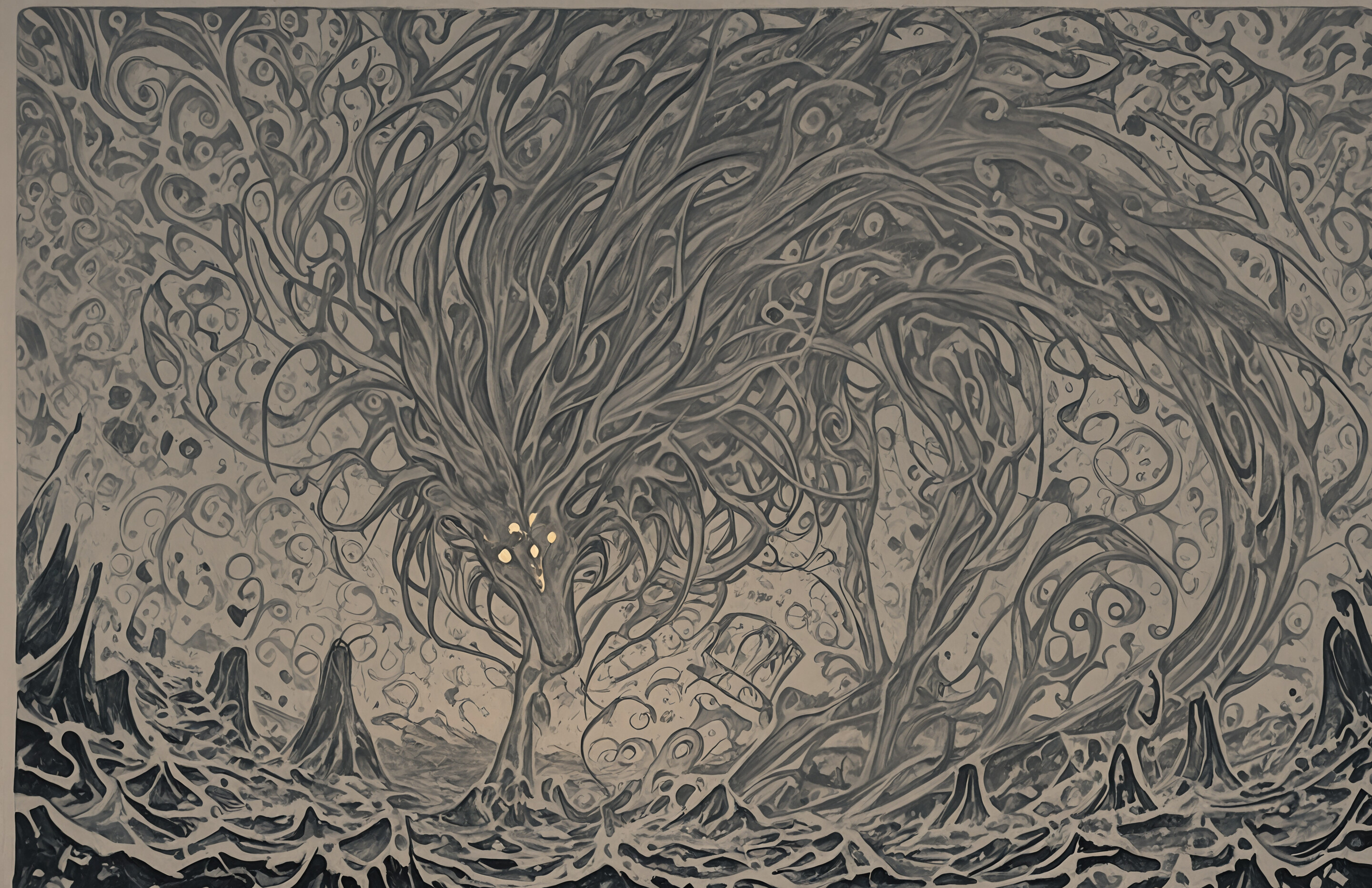 Абстрактная картина с темным фоном, на котором изображена густая, сложная сеть из завихряющихся золотых линий и точек. В верхней части картины, в центре, находится одиночный, яркий, светящийся шар, который служит центральным элементом композиции.