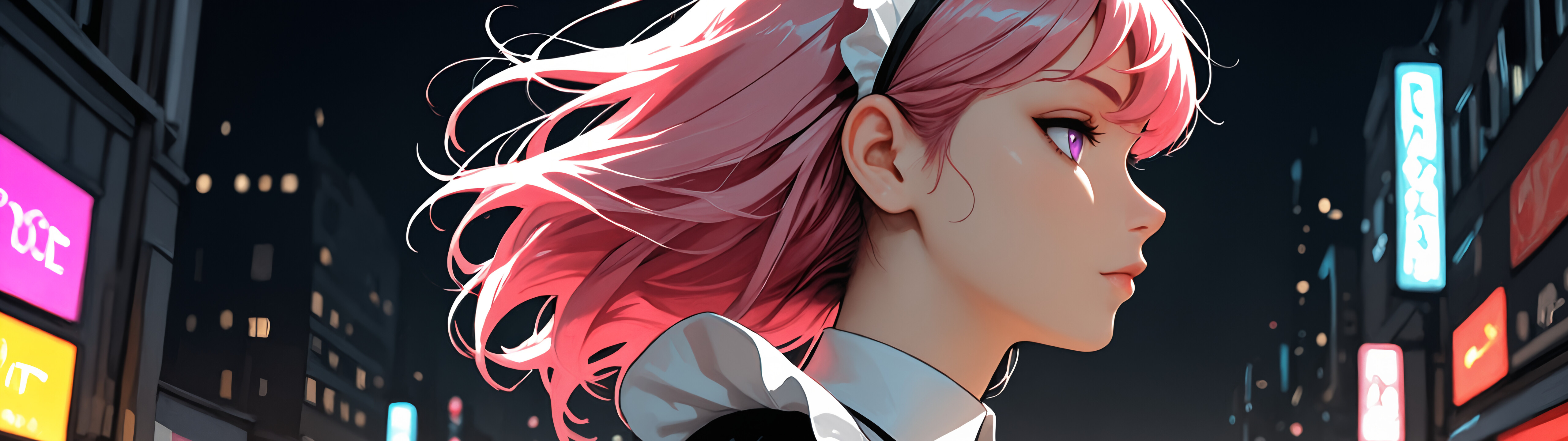 Иллюстрация в стиле аниме, изображающая молодую женщину с длинными розовыми волосами и фиолетовыми глазами, одетую в черно-белый костюм горничной. Она стоит на ночной городской улице, на заднем плане видны размытые огни неоновых вывесок.