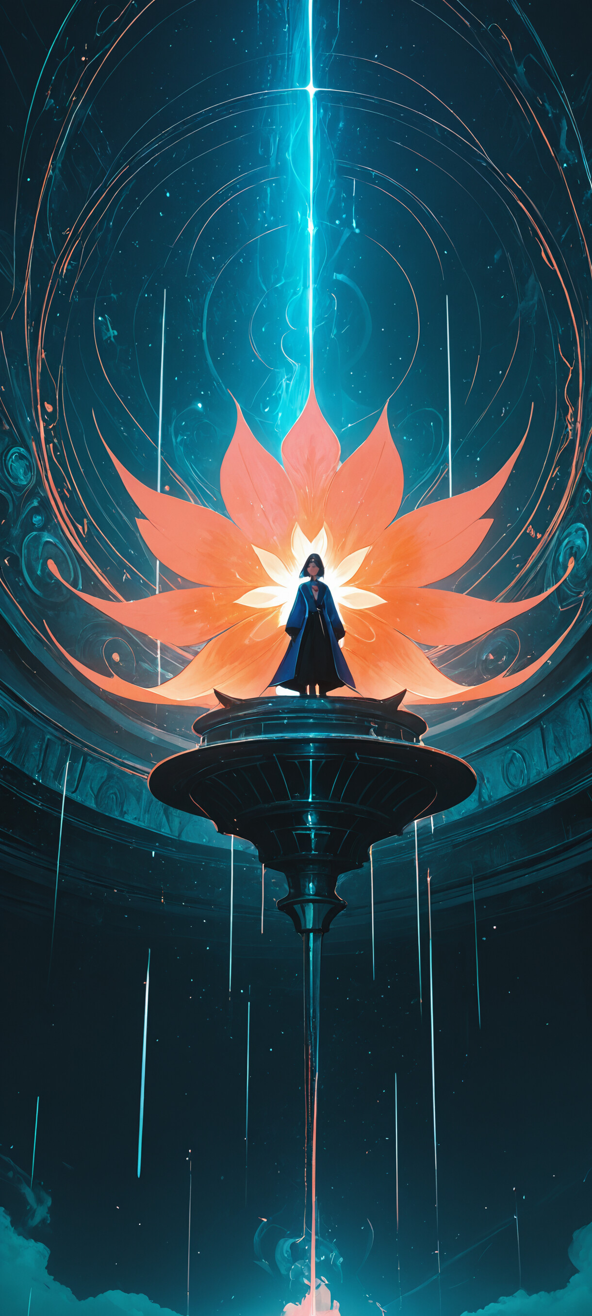 Изображение молодой женщины в полный рост: у неё короткие чёрные волосы, она одета в тёмный футуристический плащ и стоит перед большим светящимся порталом круглой формы, окрашенным в бирюзовый и красный цвета. Действие происходит в тёмной, скалистой местности.