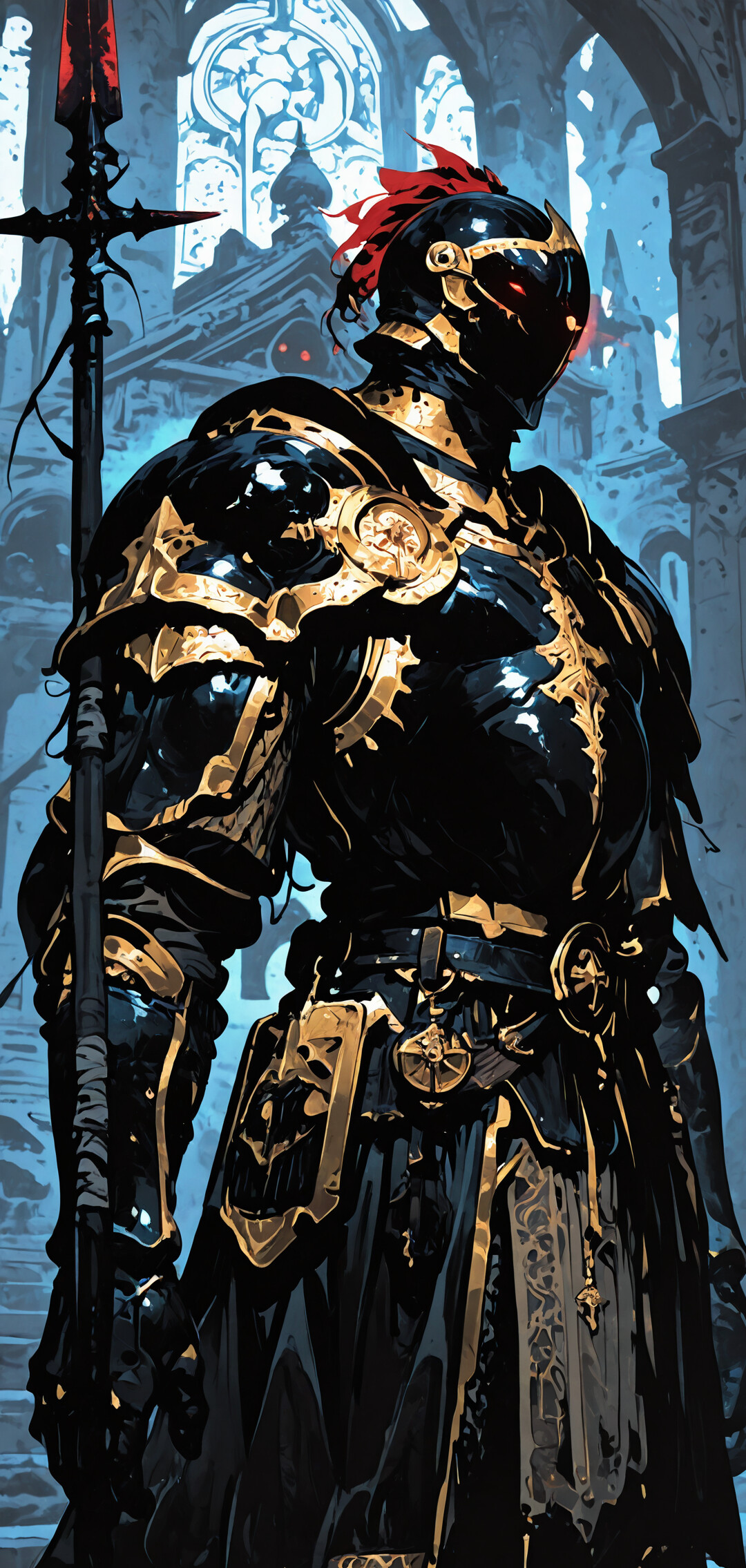 Высокий рыцарь в роскошных чёрно-золотых доспехах, с горящими красным светом глазами, держит в руках большое копье и стоит внутри каменного храма, подсвеченного ярким красным светом сзади.
