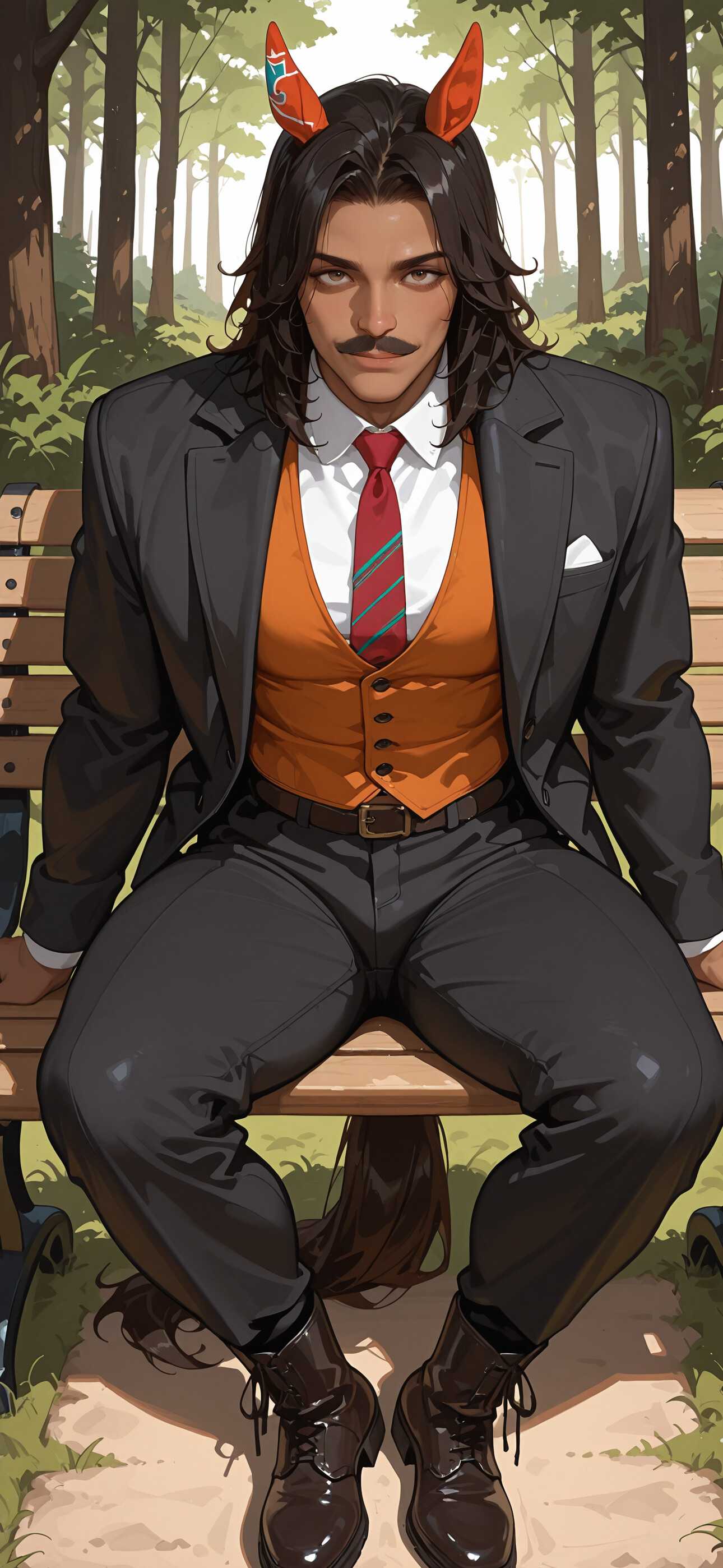 Цифровая иллюстрация изображает красивого мужчину со смуглой кожей, длинными темными волосами, усами и лошадиными ушами, сидящего на скамейке в парке. На нем кремовый пиджак, оранжевый жилет и красный галстук. Он уверенно смотрит в камеру с легкой улыбкой. За ним на земле лежит лошадиный хвост.