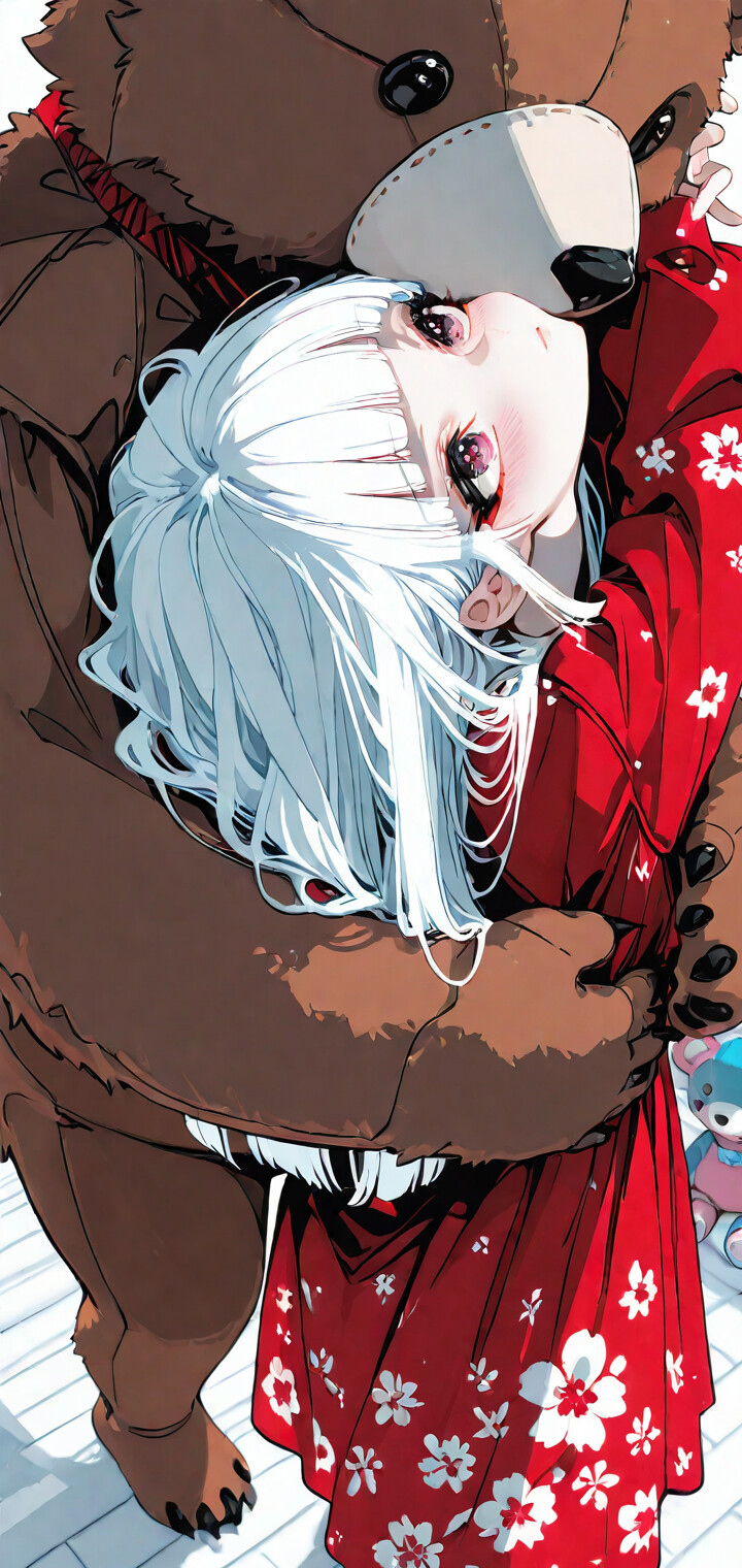 Иллюстрация в стиле аниме: юная девушка с длинными белыми волосами и розовыми глазами, которую сзади обнимает огромный коричневый плюшевый медведь. На ней надето красное платье с цветочным узором, а комната заполнена множеством других, более мелких плюшевых медведей.