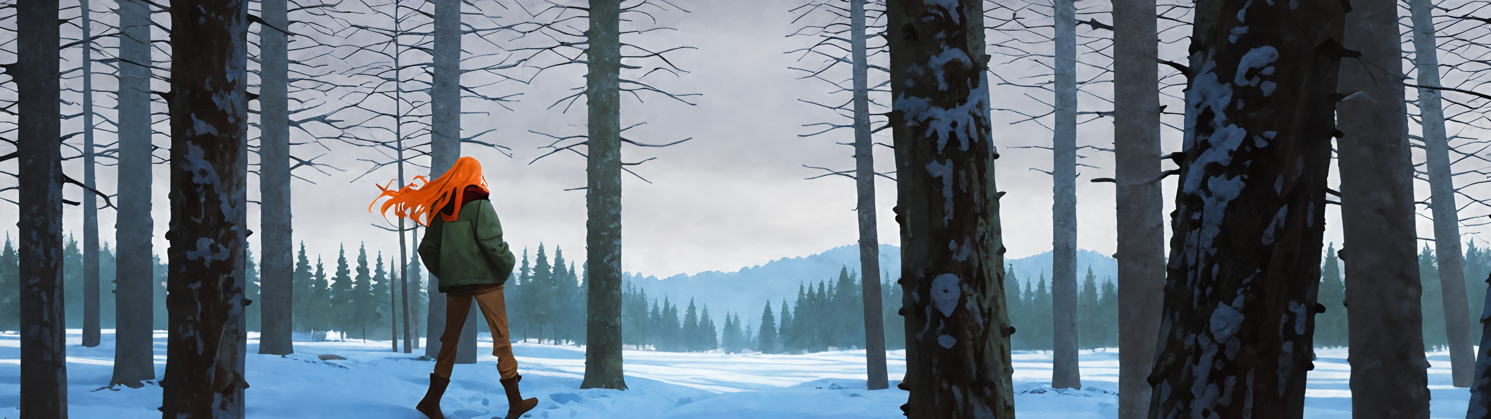 На картине изображена Тулип Олсен из мультсериала «Бесконечный поезд». Она стоит спиной к зрителю в заснеженном сосновом лесу. У неё яркие оранжевые волосы, развевающиеся на ветру, на ней зелёная куртка, красная клетчатая шаль и коричневые брюки, а руки спрятаны в карманах.