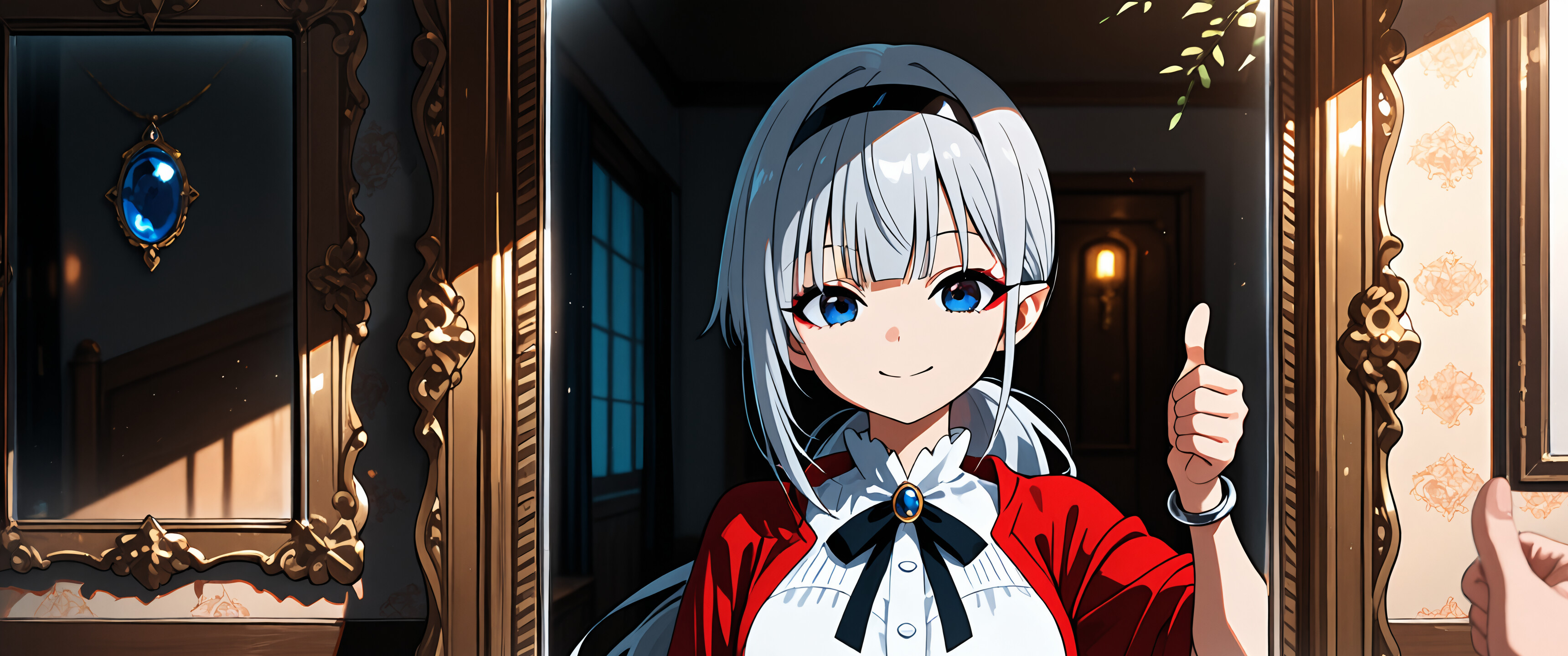 Аниме-девочка с серебристыми волосами и заостренными ушами, Хираги Попура, улыбается и показывает большой палец вверх в изысканном зеркале, а на переднем плане рука делает то же самое, показывая большой палец вверх отражению девочки.