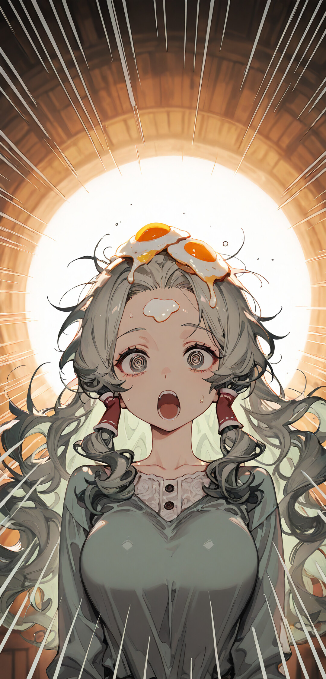 Девушка в стиле аниме с волнистыми светло-зелеными волосами и спиралевидными глазами, выглядит потрясенной, с открытым ртом, а на ее голове лежат два жареных яйца.