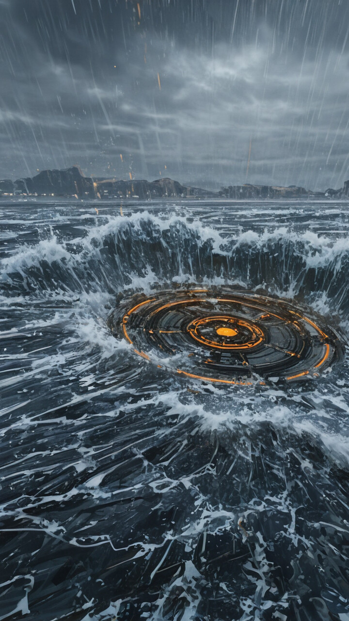 Захватывающая фантастическая картина, изображающая бушующее море, над которым возвышается огромный столб воды, напоминающий дерево, и излучающий яркое синее свечение изнутри. С тёмного, облачного неба льёт дождь на бурное море и каменистый берег.