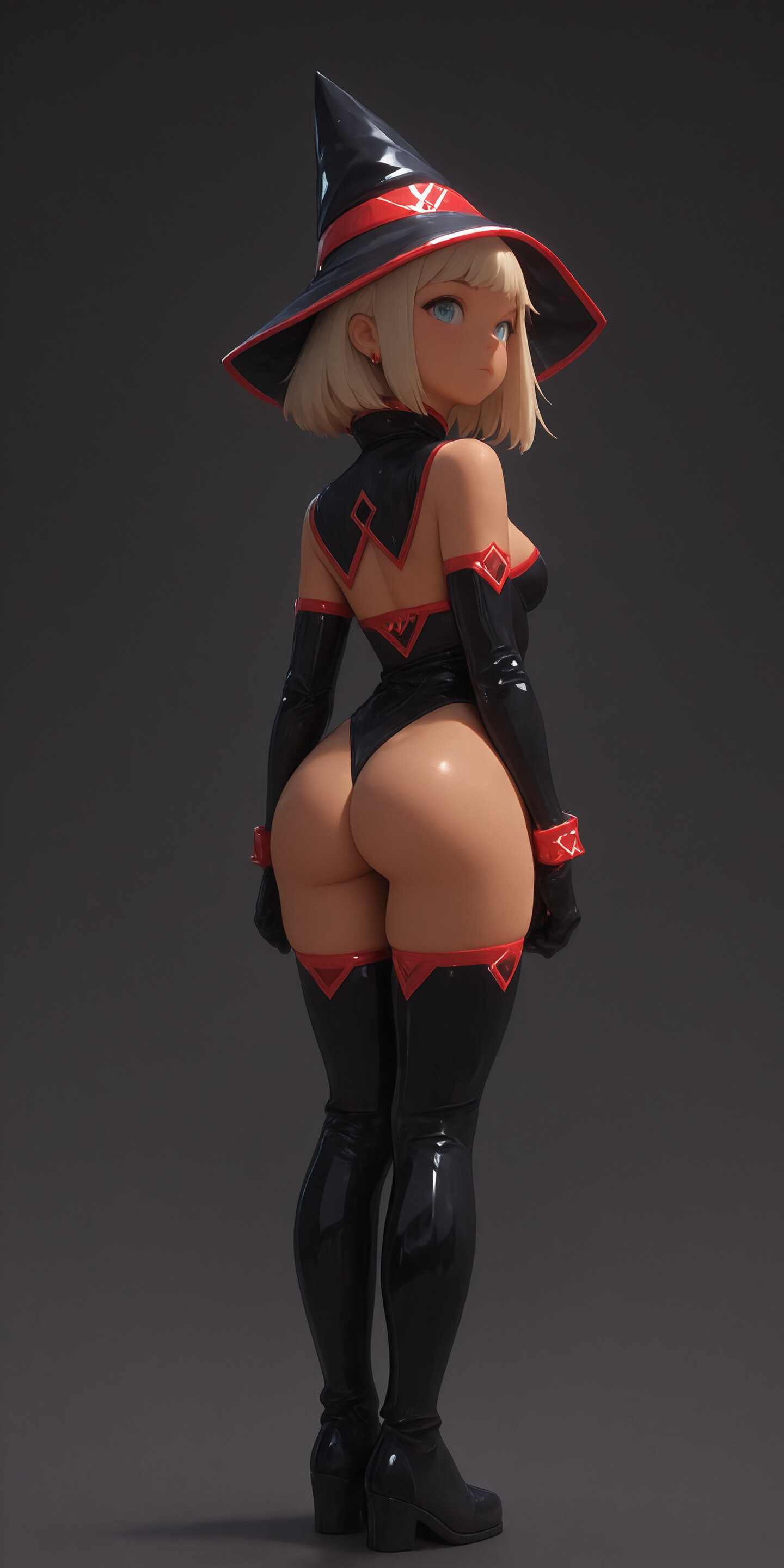 Цифровая иллюстрация в полный рост, изображающая юную ведьму в стиле аниме с короткой белой прической и светящимися красными глазами. На ней надета большая черная остроконечная шляпа, черное пальто и черные сапоги. В руках она держит посох с светящимся красным наконечником, а на заднем плане – однотонный серый фон.