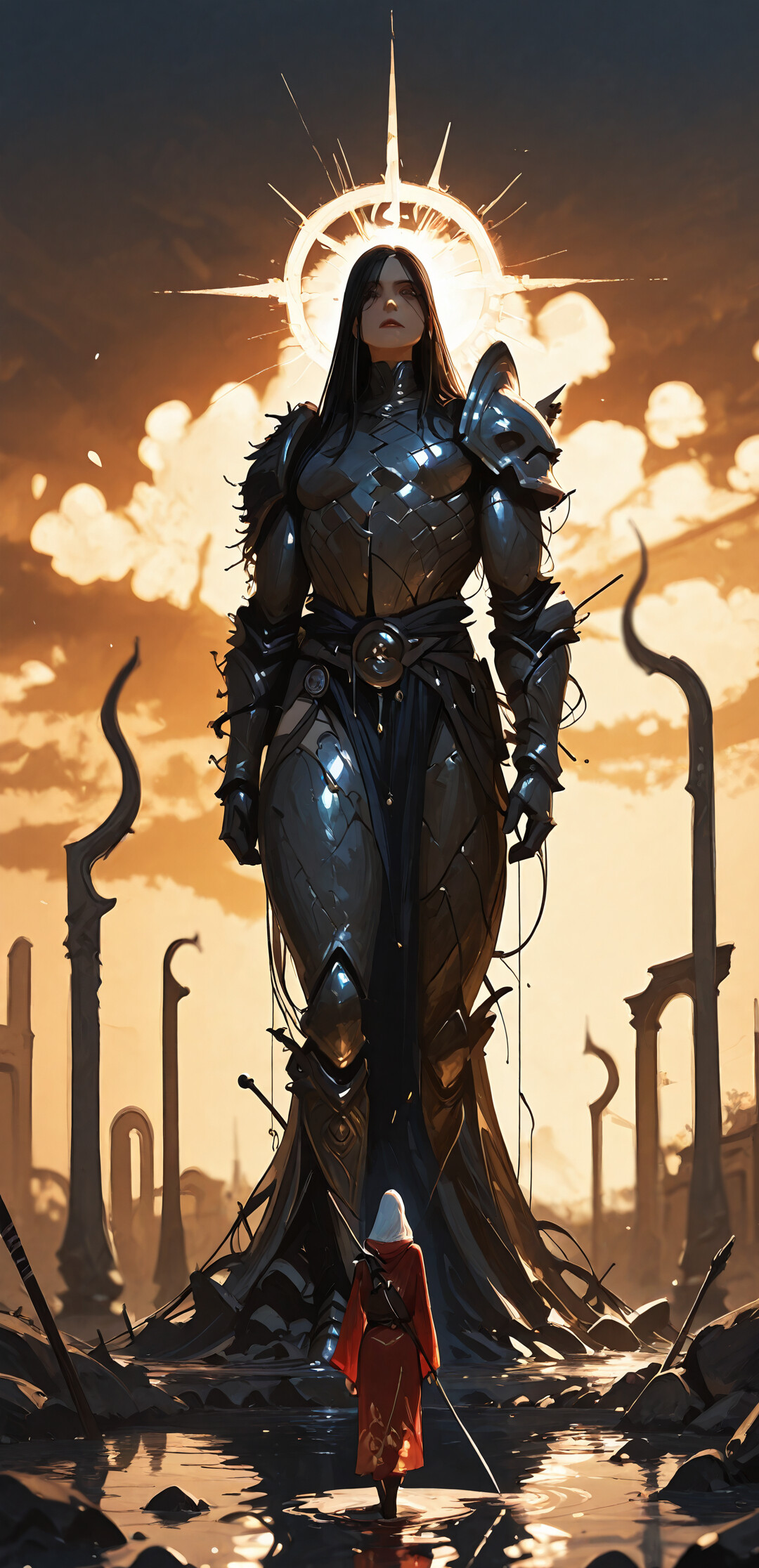 Воин-фантаст в красном плаще с капюшоном и чёрных доспехах идёт по неглубокой воде затопленной древней улицы на закате, по обе стороны от него возвышаются большие каменные статуи.