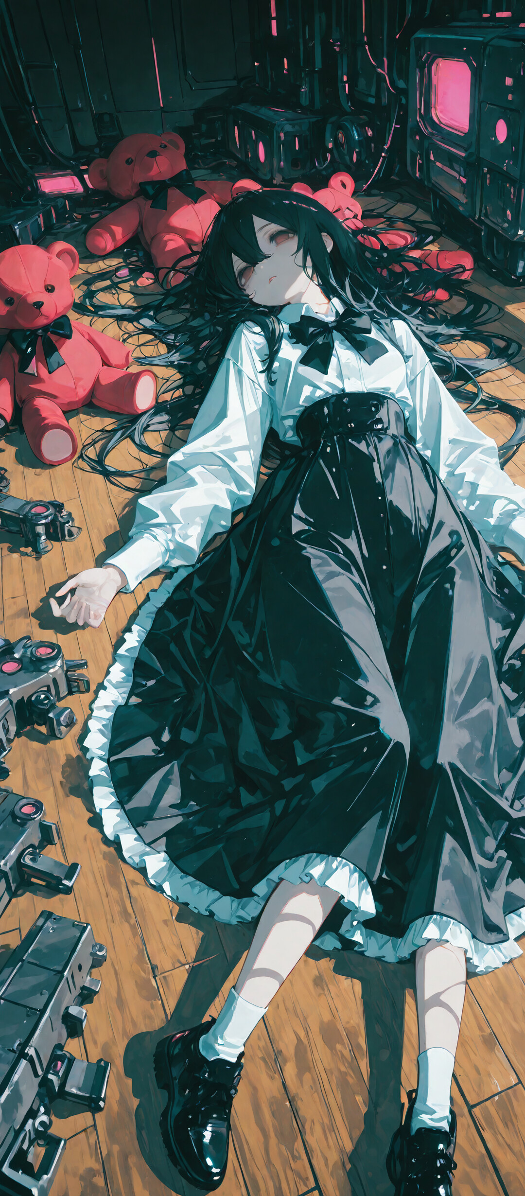 Вид сверху: аниме-девушка с длинными черными волосами лежит на деревянном полу в комнате, оформленной в научно-фантастическом стиле. На ней белая рубашка и черная юбка, вокруг – различные механизмы с светящимися красными экранами и небольшой плюшевый мишка.