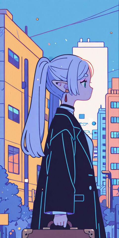 Иллюстрация в стиле аниме, изображающая Фрирен, эльфийку с длинными белыми волосами, собранными в хвост, идущую по улице современного города. Она изображена в профиль, на ней накинута белая накидка, и она несет коричневый чемодан. Городские здания выполнены в синих и фиолетовых тонах.