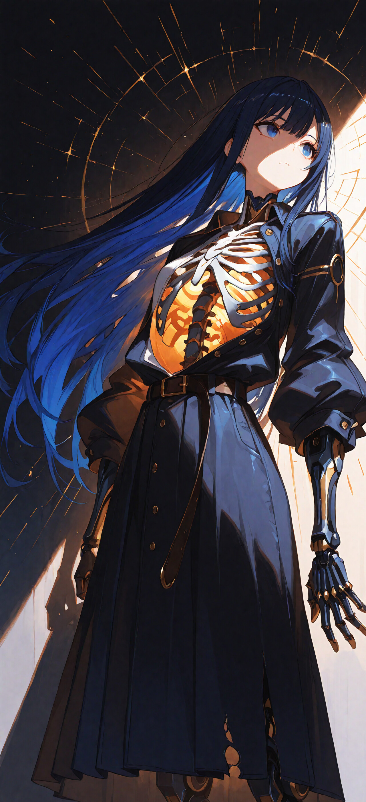 Девушка-киборг в стиле аниме с длинными тёмно-синими волосами смотрит вниз с печальным выражением лица. Её торс открыт, и сквозь него виден белый механический каркас рёбер, который изнутри излучает яркий оранжевый свет. На ней тёмная открытая куртка и рваная юбка, а на тёмном фоне видны искры.
