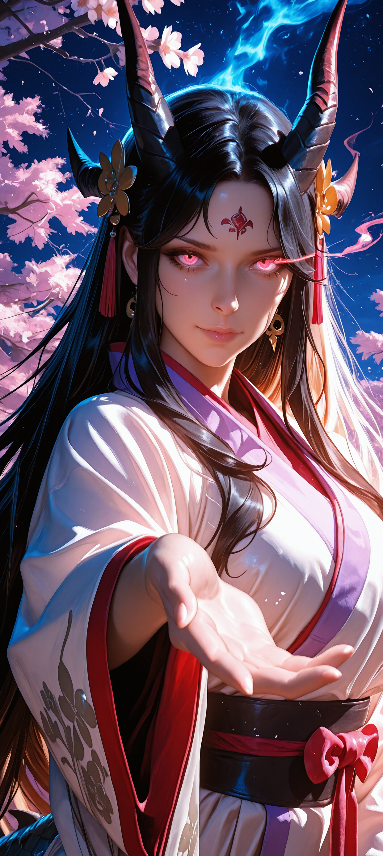 Цифровая картина, изображающая Ямато из аниме «One Piece» в образе жрицы-дракона. У неё длинные чёрные волосы, золотые рога и светящиеся розовые глаза. Она стоит в тёмном японском храме и держит в руках светящийся шар.