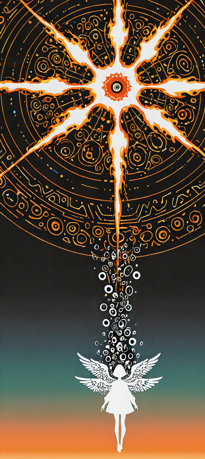 Абстрактная, выполненная в технике высокой контрастности иллюстрация небесного существа. Большой чёрный круг, заполненный множеством мелких глаз, образует голову, в центре которой находится единственный пылающий красный глаз. Вокруг головы – белое сияние с чёрными лучами, напоминающими солнечные. Ниже изображён белый, минималистичный силуэт женской фигуры на фоне чёрного и тёмно-красного цвета.