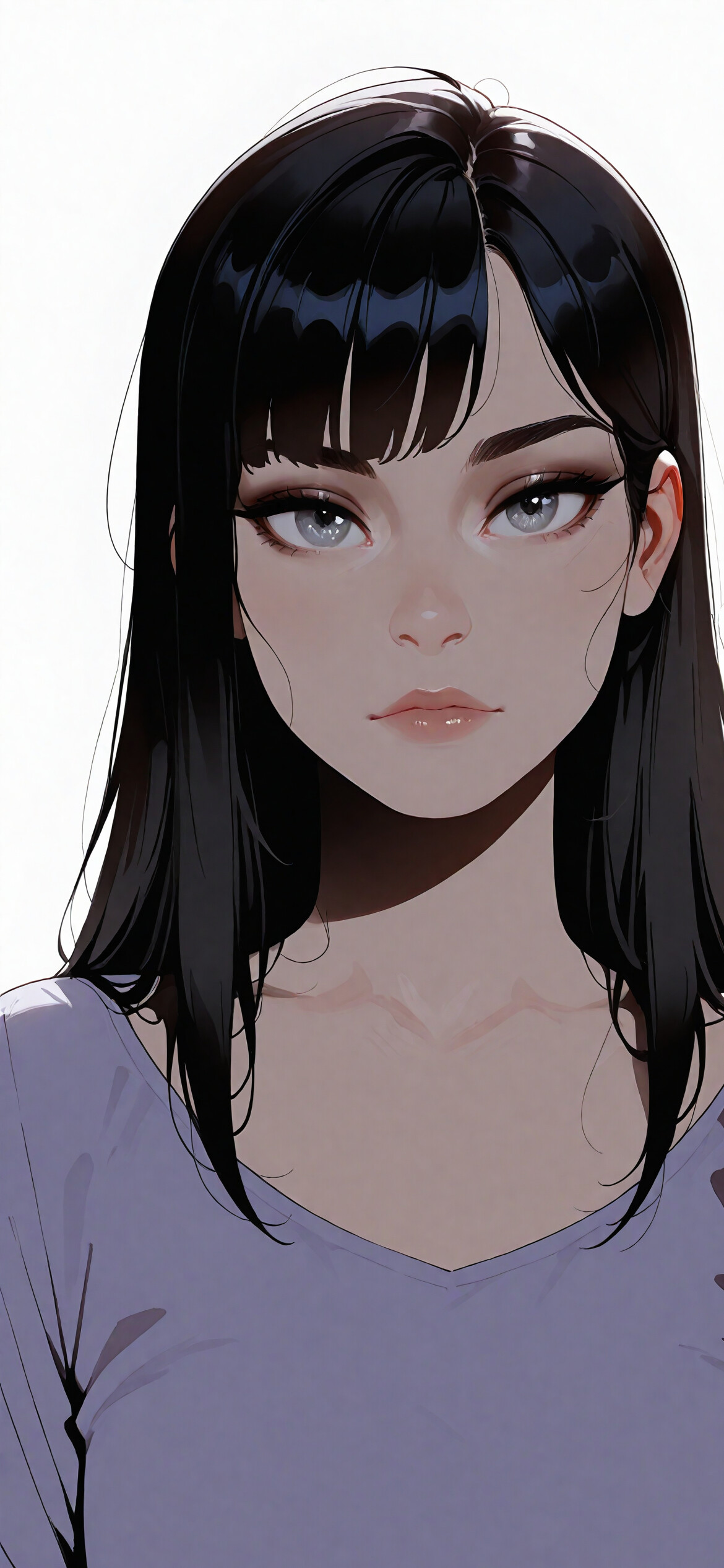 Цифровая иллюстрация молодой женщины с короткой черной стрижкой, челкой и выразительными серыми глазами, смотрящей прямо в камеру. На ней надета лавандовая рубашка поверх черных бретелек на белом фоне.