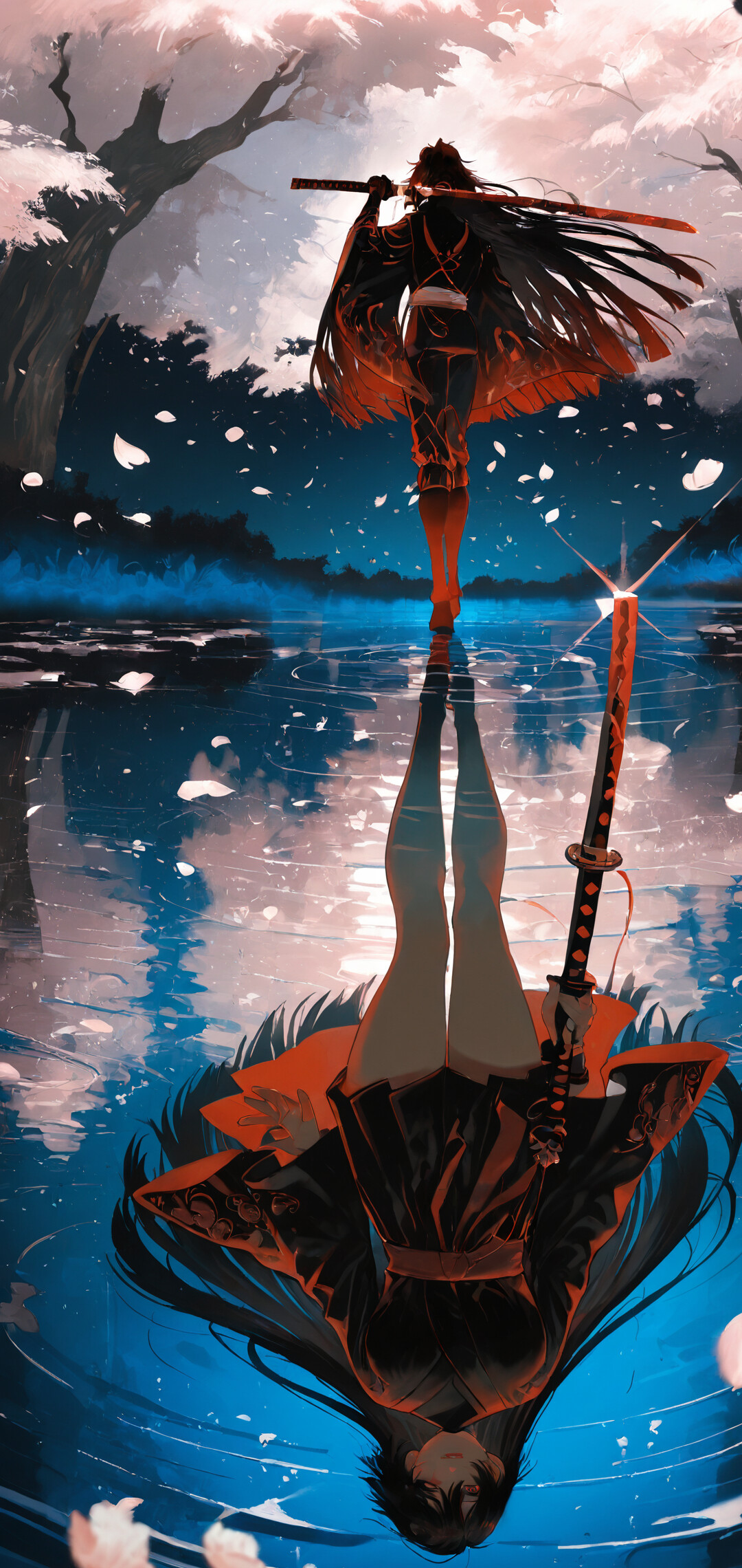 Иллюстрация в стиле аниме, изображающая Саске Учиху из аниме «Наруто», стоящего на воде под ночным небом, над которым видны цветущие сакуры. Его отражение в воде раскрывает его истинное лицо, создавая эффект двойственности.