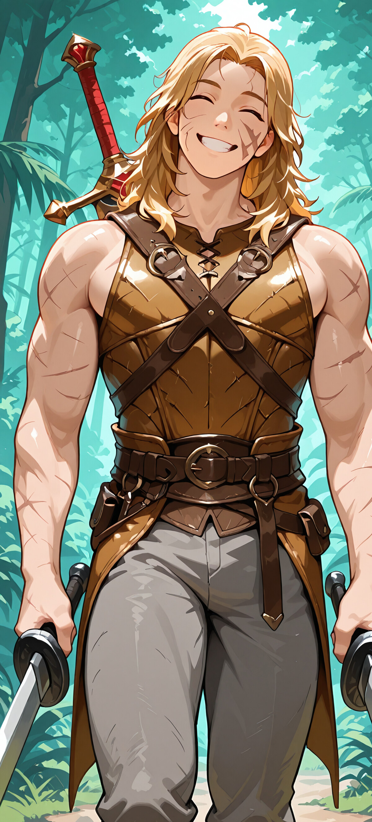 Мускулистый юноша с длинными светлыми волосами и широкой, радостной улыбкой, одетый в коричневые кожаные доспехи и держащий в руках два меча, стоит в зелёном лесу.