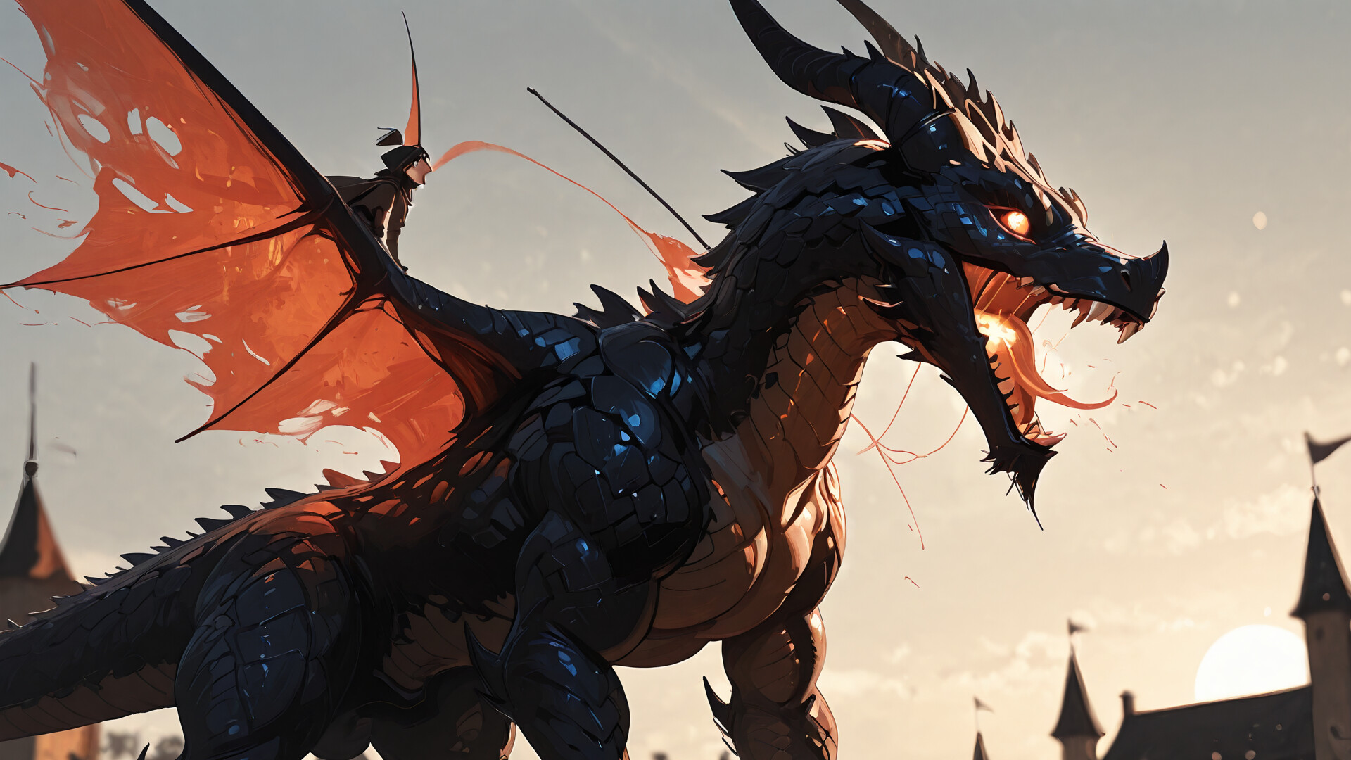 Огромный, извивающийся, как змея, дракон, окутанный пламенем и светом, величественно восседает на самой высокой башне мрачного готического замка в сумерках.