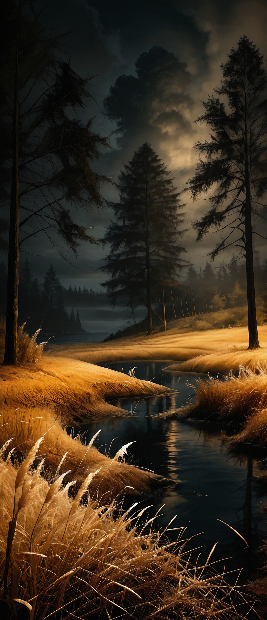 Живописное изображение просёлочной дороги, извивающейся среди золотистого поля высокой травы и уходящей к океану, обрамлённого тёмными соснами под облачным ночным небом.