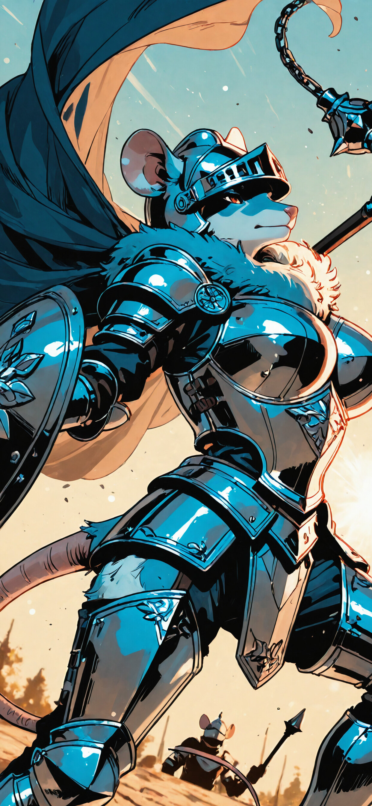 Цифровая иллюстрация: антропоморфная мышь-воительница в полном латном доспехе и шлеме, держащая в руках булаву, а за её спиной развевается красный плащ. На её лице выражение решимости.