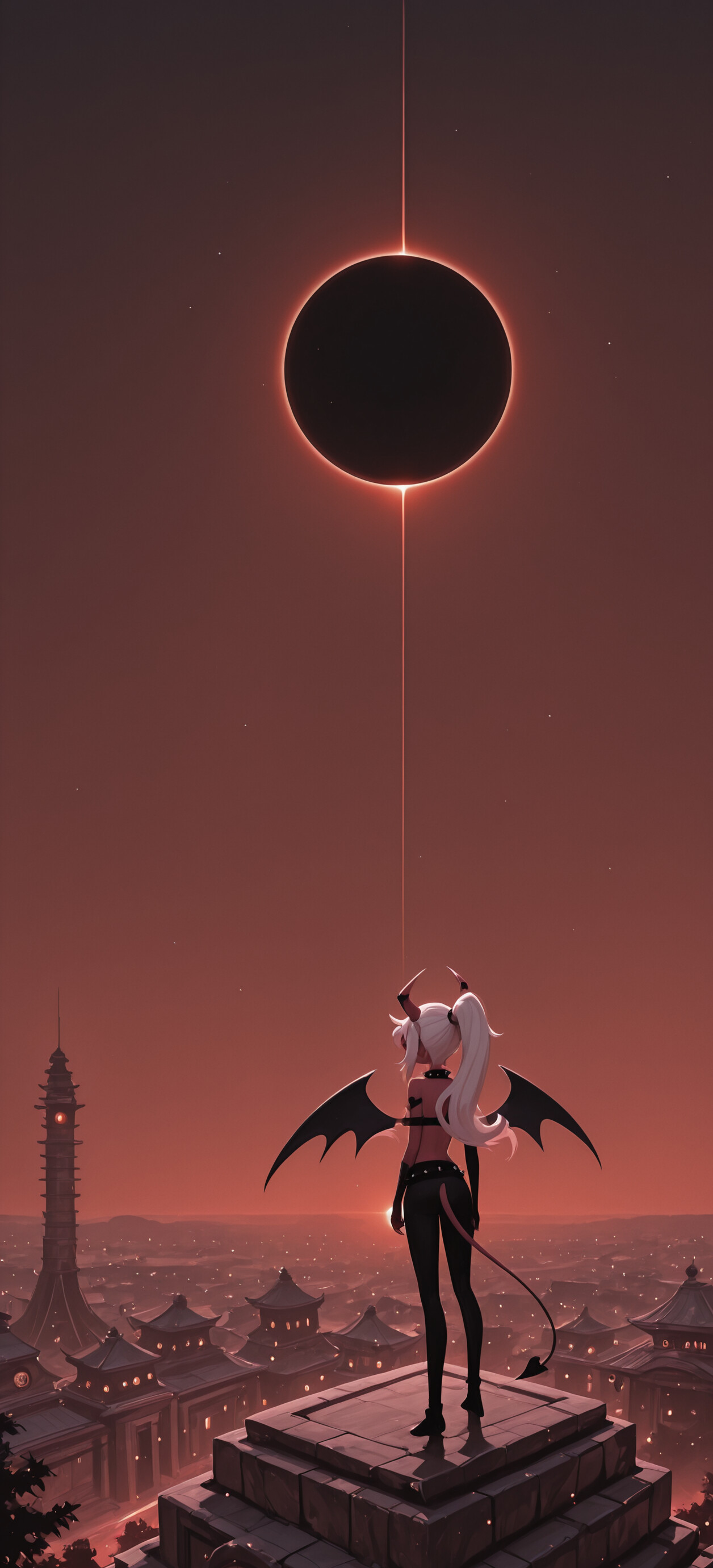 Веросика Мэйдей, демон с длинными белыми волосами, рогами и крыльями, стоит на вершине горы и смотрит на адский пейзаж, в котором возвышается высокая пагода, а над всем этим разворачивается полное солнечное затмение.