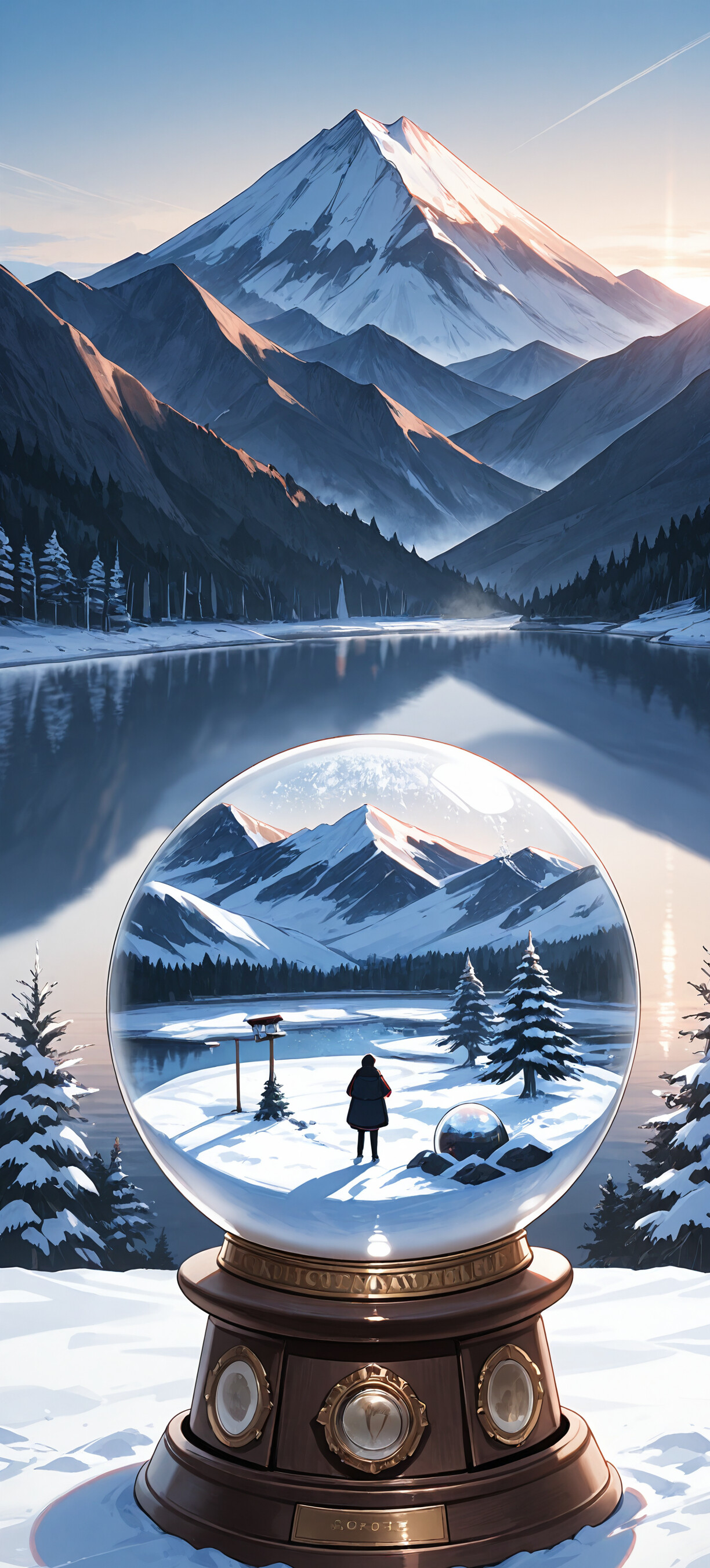 В стеклянном сувенире в виде снежного шара помещена миниатюрная зимняя сцена с домиком и деревьями, а на заднем плане — реальный пейзаж: заснеженные горы и спокойное озеро на рассвете.