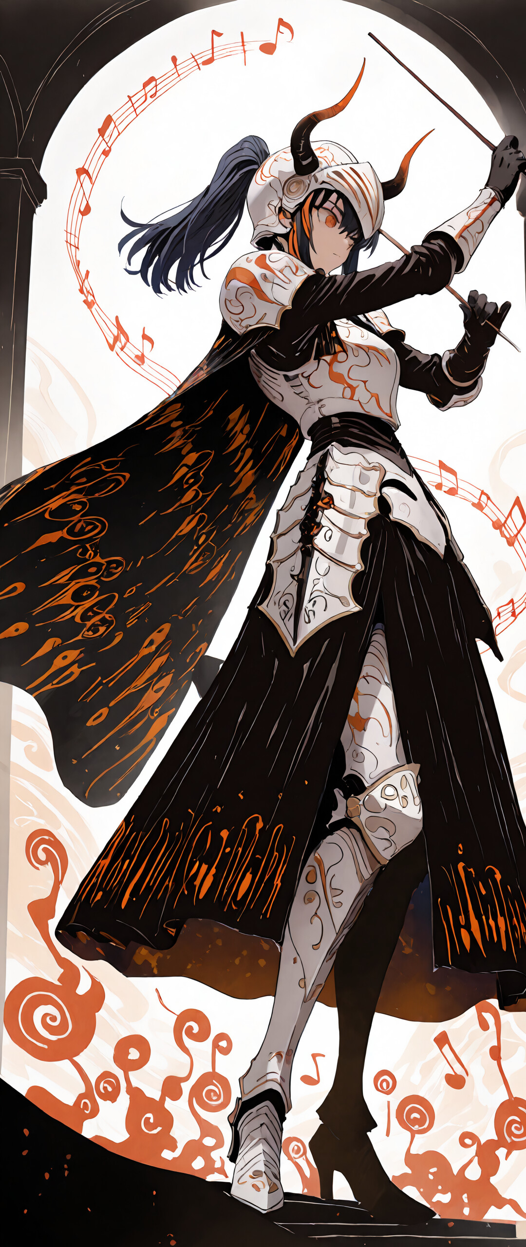 Иллюстрация в стиле аниме, изображающая персонажа Янэко Ута в образе рыцаря-дирижера. На ней надет богато украшенный белый и серебряный доспех, черный плащ и шлем с рогами. Она держит в руках две дирижерские палочки и стоит в центре вихря светящихся оранжевых музыкальных нот.